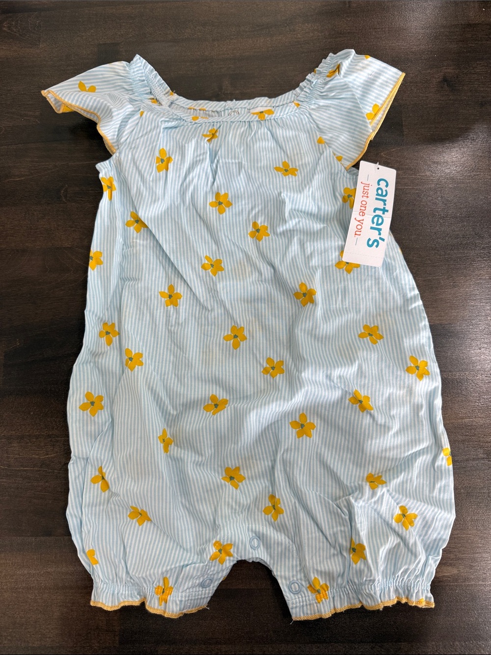 Carter's Light Blue Striped Romper with Yellow Floral Accents